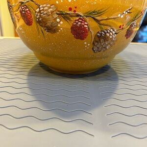 Holiday Christmas winter golden Yellow Bowl with Pinecone berry branch Design